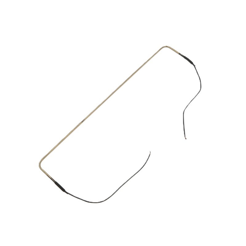 U-shaped stainless steel tubular defrost heater for a refrigeration unit cooler, showing the formed tube body, the darkened sealed terminations at each end, and the flexible supply leads exiting from the sealed heads